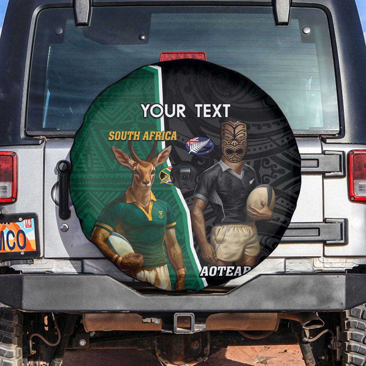 Personalised New Zealand And South Africa Rugby Spare Tire Cover 2024 All Black Springboks Mascots Together