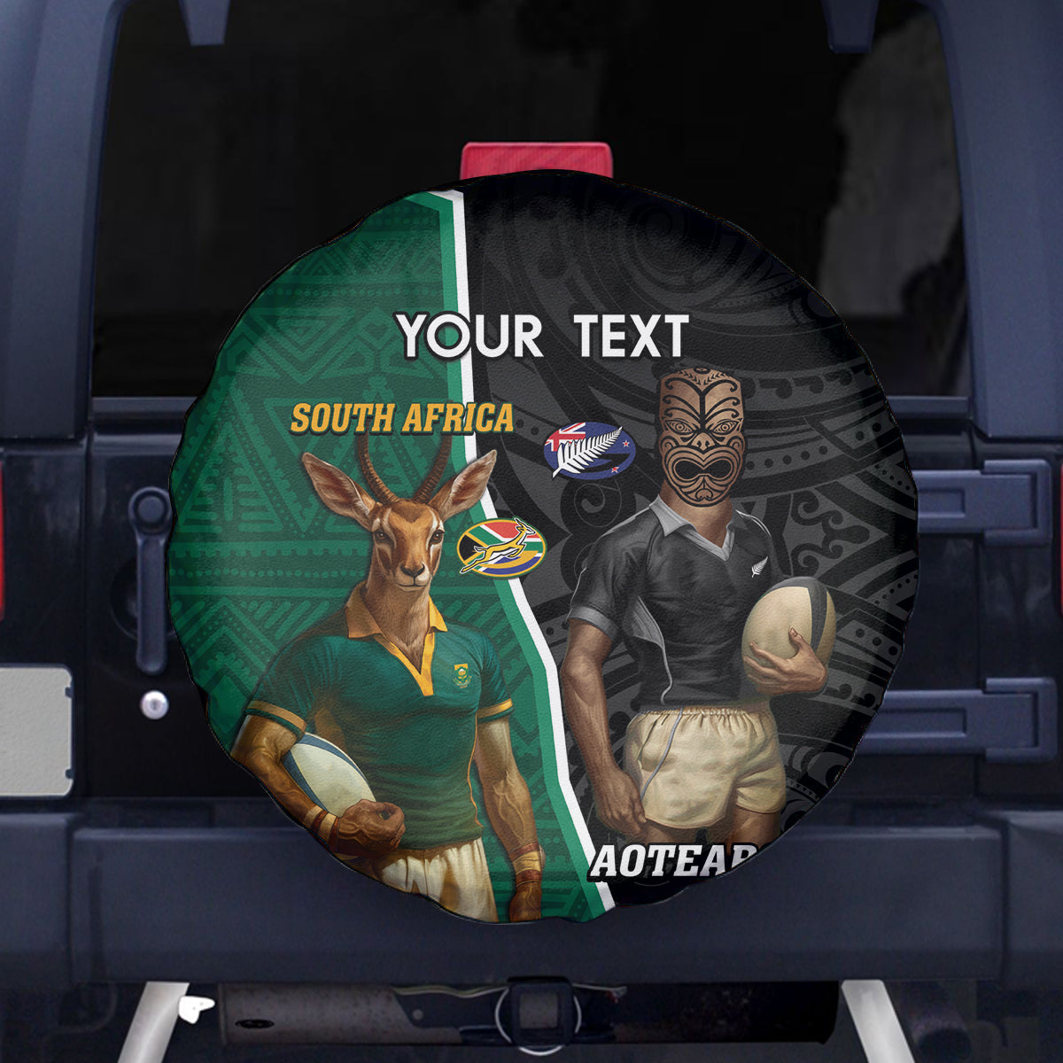 Personalised New Zealand And South Africa Rugby Spare Tire Cover 2024 All Black Springboks Mascots Together - Wonder Print Shop