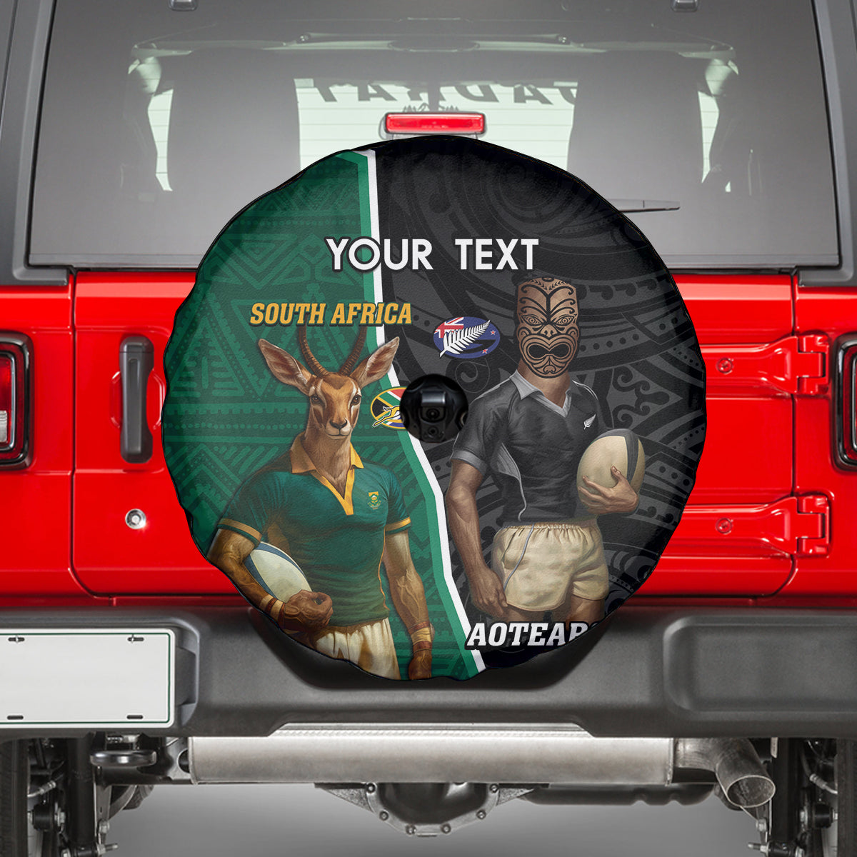Personalised New Zealand And South Africa Rugby Spare Tire Cover 2024 All Black Springboks Mascots Together - Wonder Print Shop