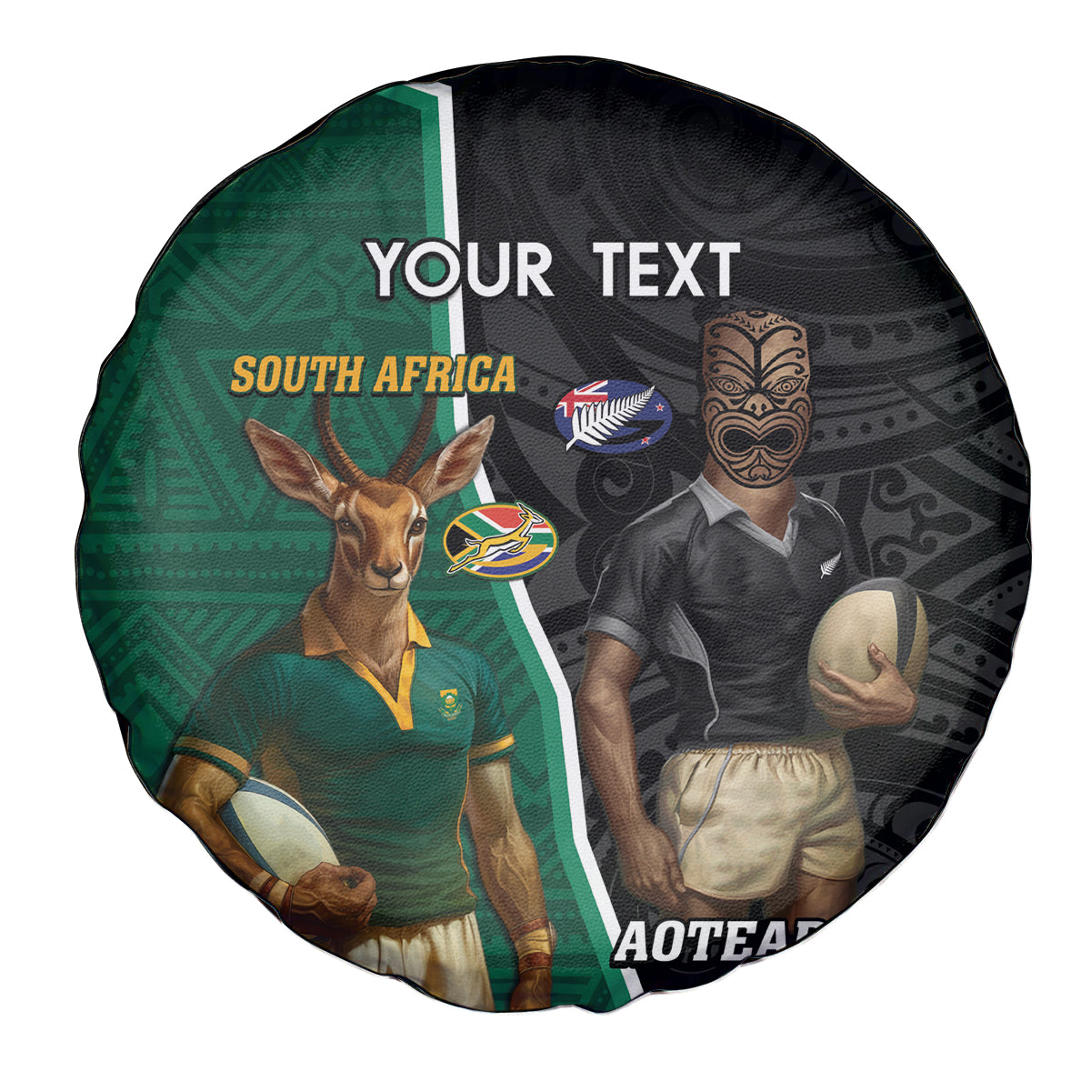 Personalised New Zealand And South Africa Rugby Spare Tire Cover 2024 All Black Springboks Mascots Together - Wonder Print Shop