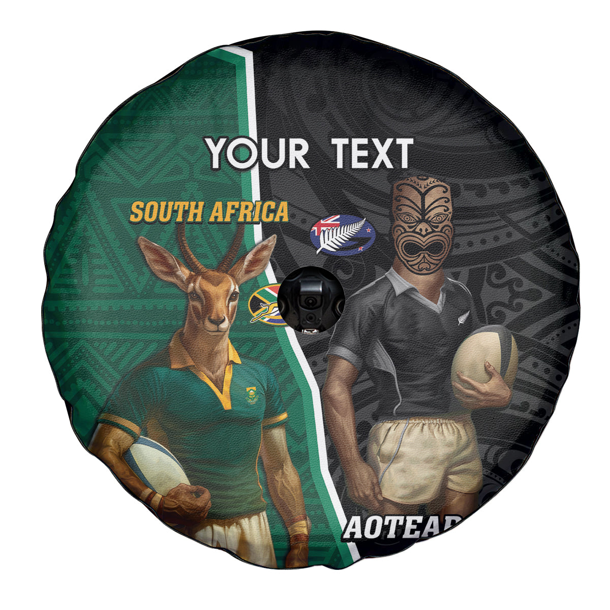 Personalised New Zealand And South Africa Rugby Spare Tire Cover 2024 All Black Springboks Mascots Together - Wonder Print Shop