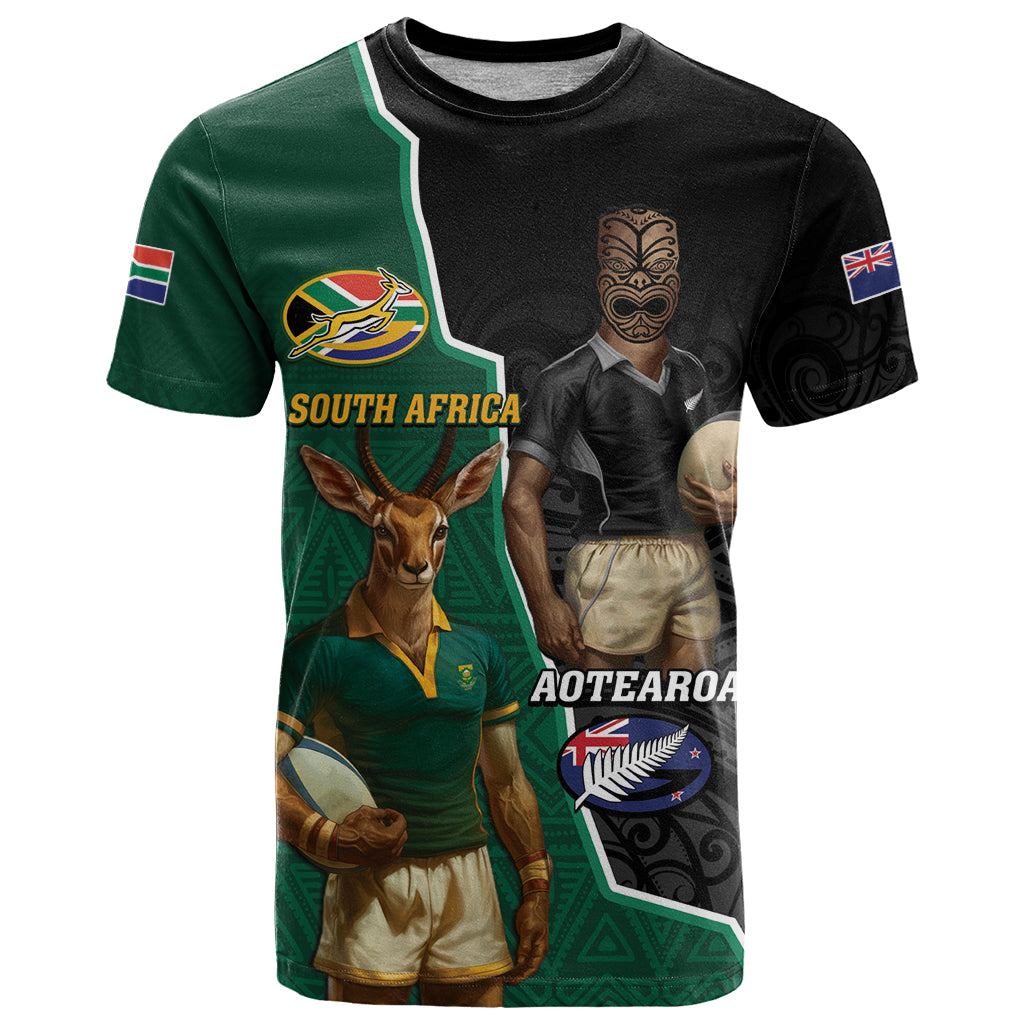 Personalised New Zealand And South Africa Rugby T Shirt 2024 All Black Springboks Mascots Together - Wonder Print Shop