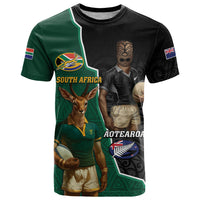 Personalised New Zealand And South Africa Rugby T Shirt 2024 All Black Springboks Mascots Together - Wonder Print Shop