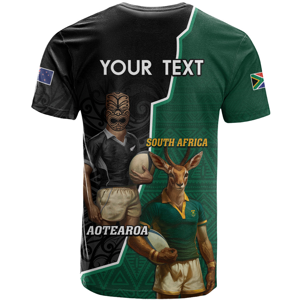 Personalised New Zealand And South Africa Rugby T Shirt 2024 All Black Springboks Mascots Together - Wonder Print Shop
