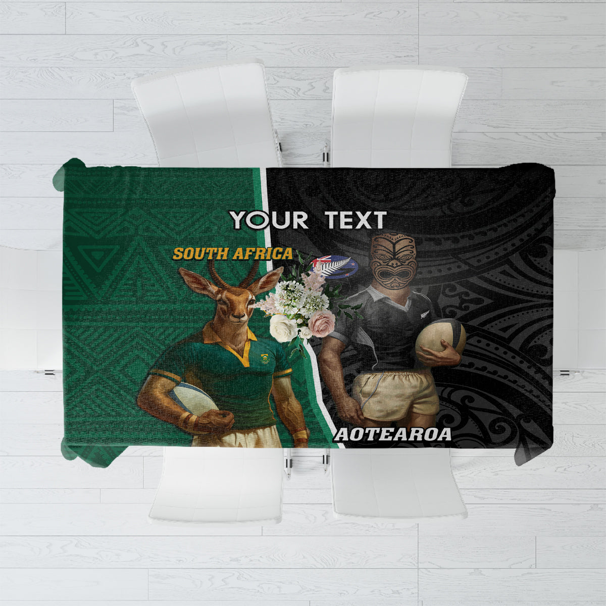 Personalised New Zealand And South Africa Rugby Tablecloth 2024 All Black Springboks Mascots Together - Wonder Print Shop