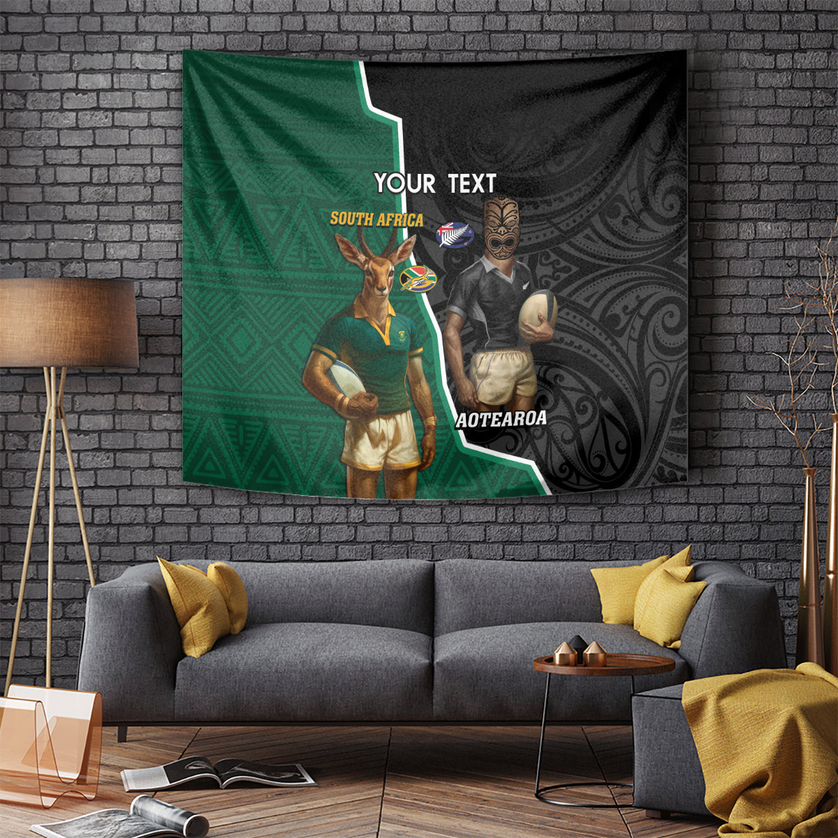 Personalised New Zealand And South Africa Rugby Tapestry 2024 All Black Springboks Mascots Together - Wonder Print Shop