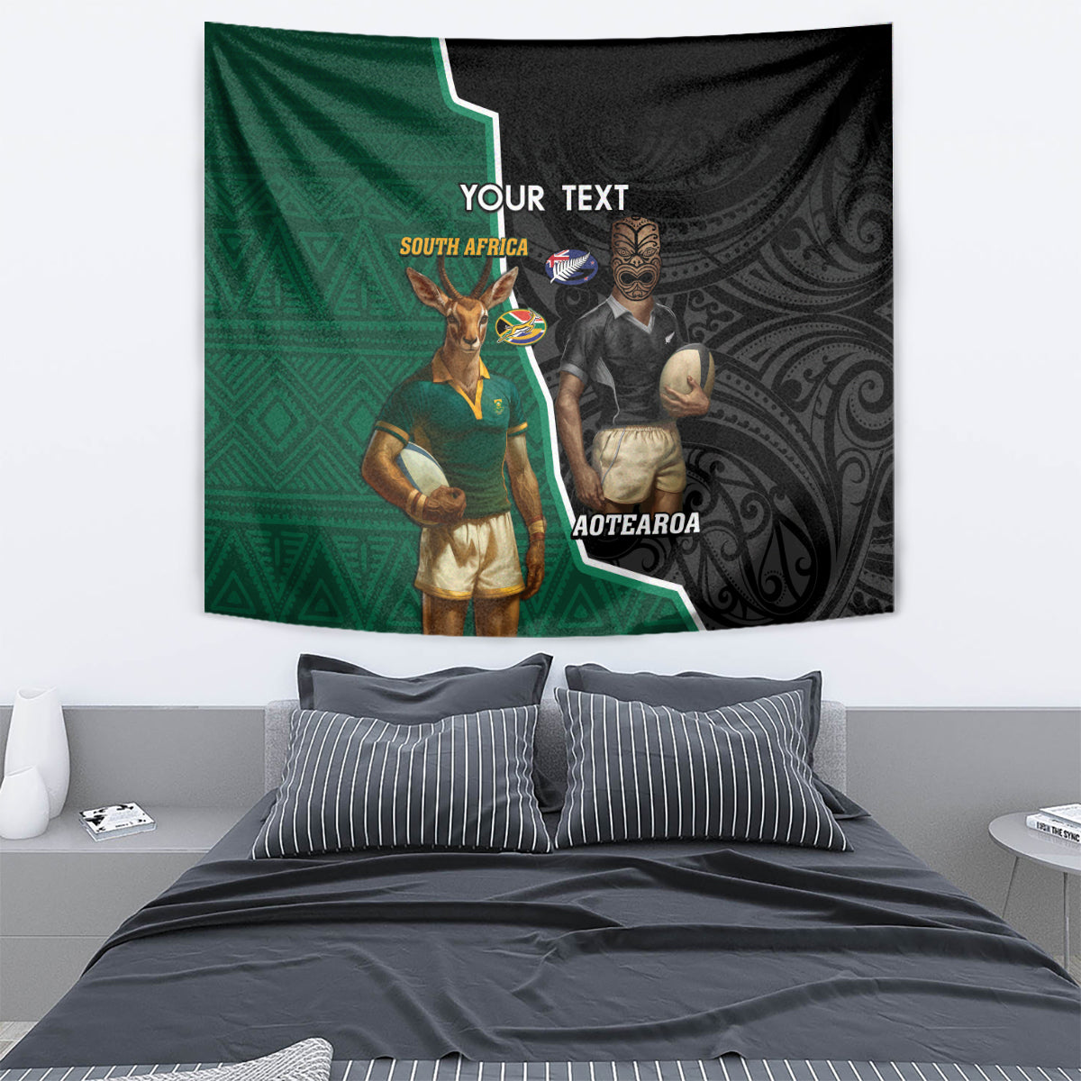 Personalised New Zealand And South Africa Rugby Tapestry 2024 All Black Springboks Mascots Together - Wonder Print Shop