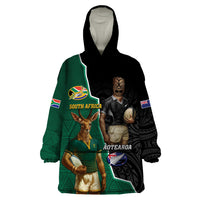 Personalised New Zealand And South Africa Rugby Wearable Blanket Hoodie 2024 All Black Springboks Mascots Together - Wonder Print Shop
