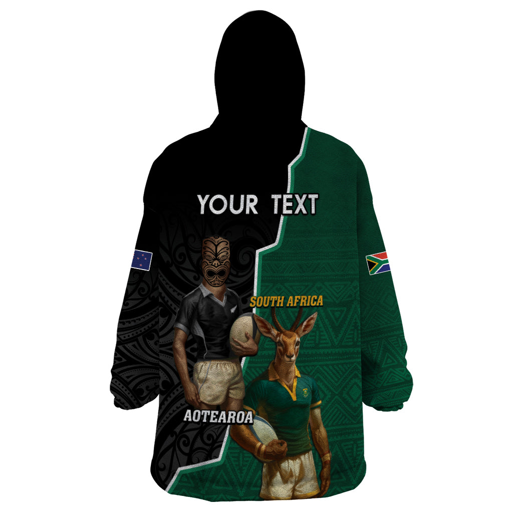 Personalised New Zealand And South Africa Rugby Wearable Blanket Hoodie 2024 All Black Springboks Mascots Together - Wonder Print Shop