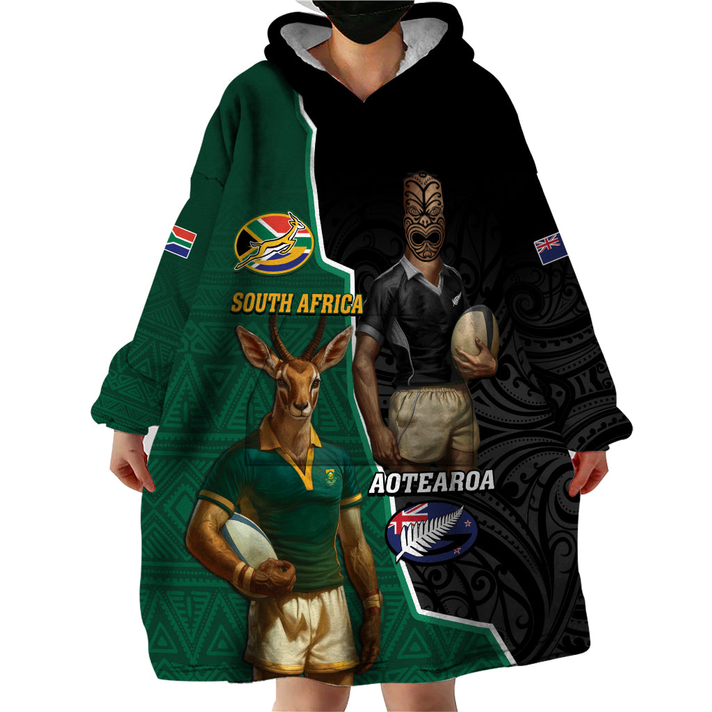 Personalised New Zealand And South Africa Rugby Wearable Blanket Hoodie 2024 All Black Springboks Mascots Together - Wonder Print Shop