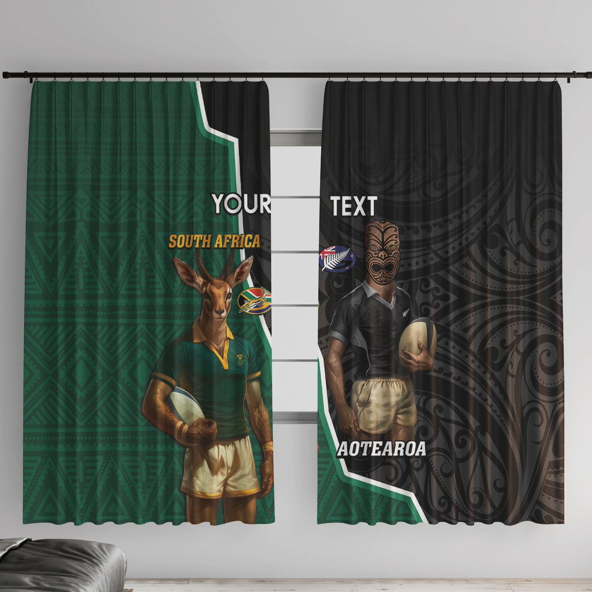 Personalised New Zealand And South Africa Rugby Window Curtain 2024 All Black Springboks Mascots Together - Wonder Print Shop