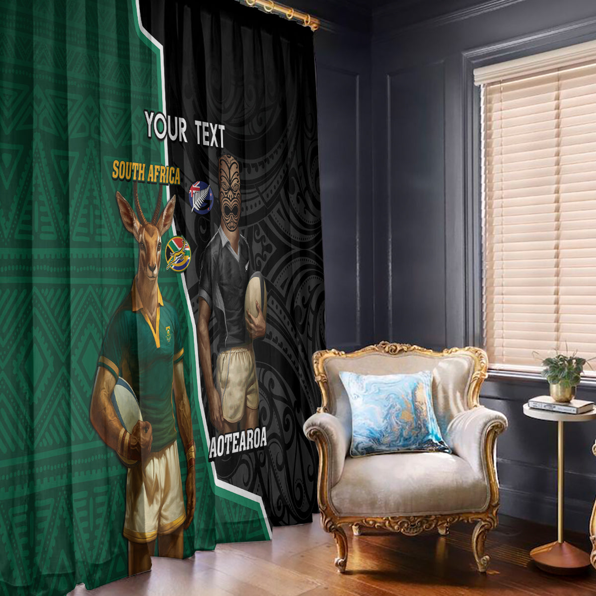 Personalised New Zealand And South Africa Rugby Window Curtain 2024 All Black Springboks Mascots Together - Wonder Print Shop