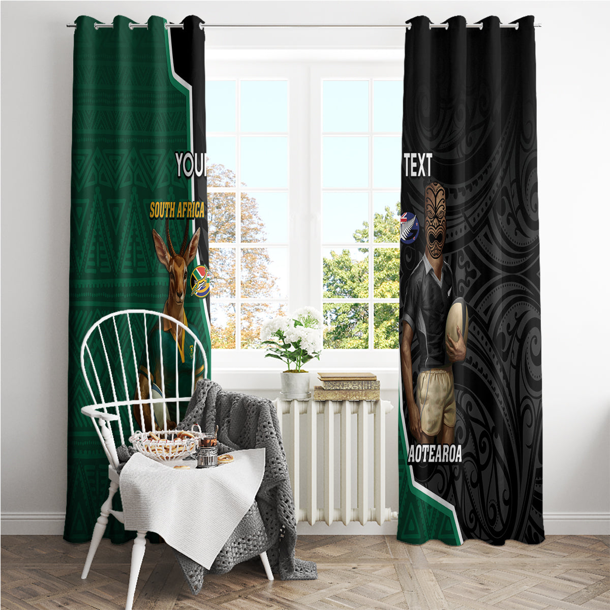 Personalised New Zealand And South Africa Rugby Window Curtain 2024 All Black Springboks Mascots Together - Wonder Print Shop
