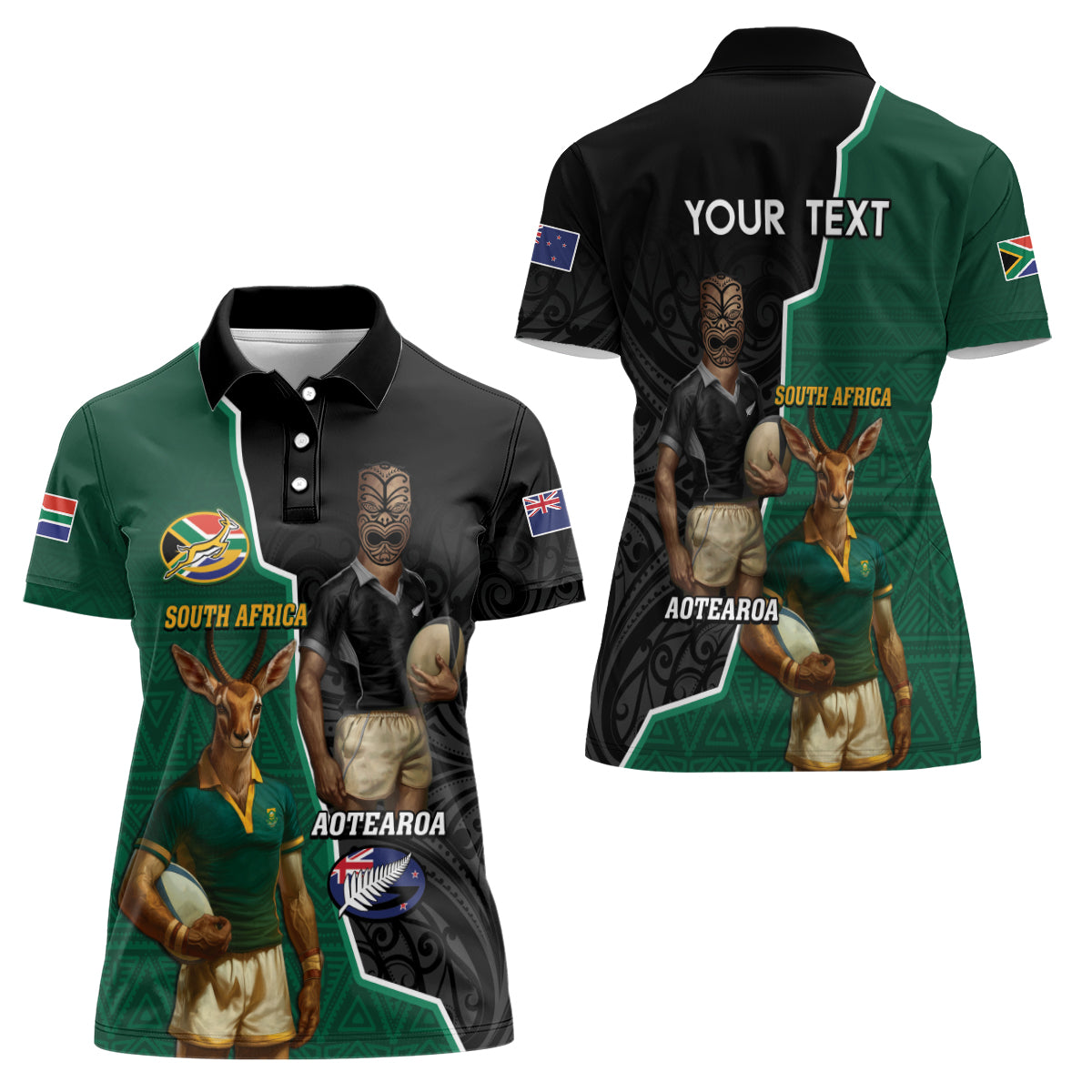 Personalised New Zealand And South Africa Rugby Women Polo Shirt 2024 All Black Springboks Mascots Together - Wonder Print Shop