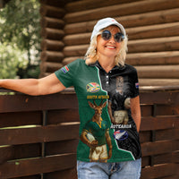 Personalised New Zealand And South Africa Rugby Women Polo Shirt 2024 All Black Springboks Mascots Together - Wonder Print Shop