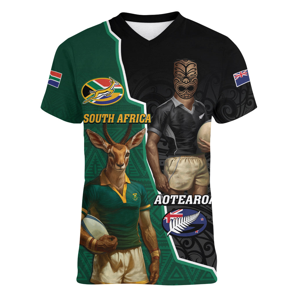 Personalised New Zealand And South Africa Rugby Women V-Neck T-Shirt 2024 All Black Springboks Mascots Together - Wonder Print Shop