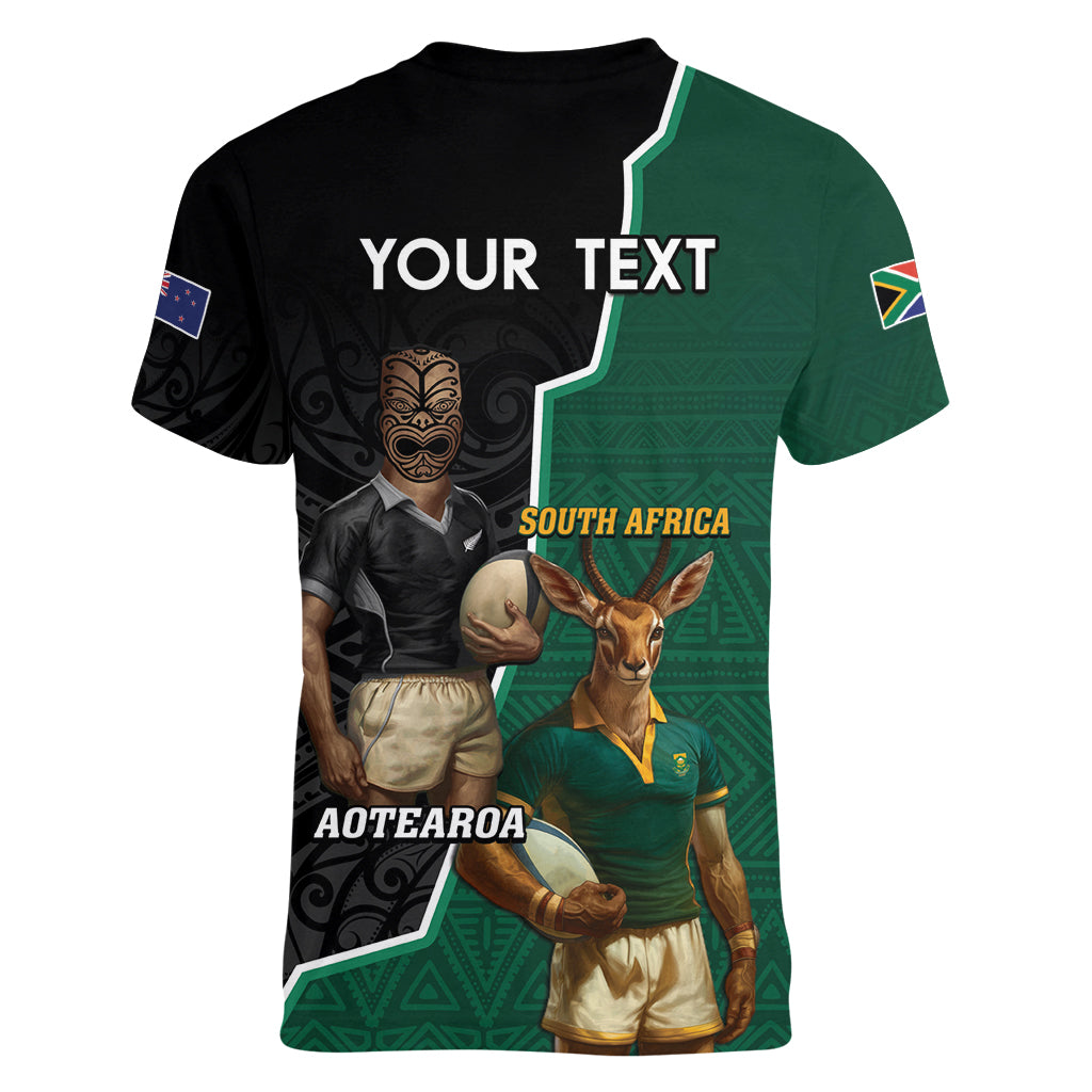 Personalised New Zealand And South Africa Rugby Women V-Neck T-Shirt 2024 All Black Springboks Mascots Together - Wonder Print Shop