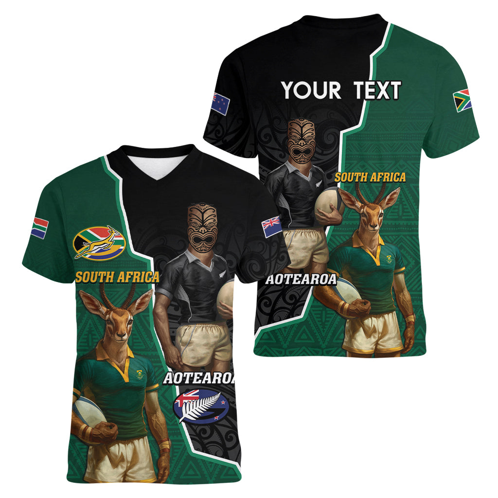 Personalised New Zealand And South Africa Rugby Women V-Neck T-Shirt 2024 All Black Springboks Mascots Together - Wonder Print Shop