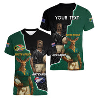 Personalised New Zealand And South Africa Rugby Women V-Neck T-Shirt 2024 All Black Springboks Mascots Together - Wonder Print Shop