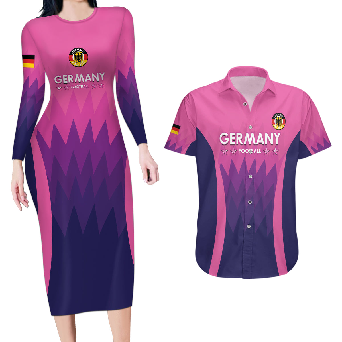 Custom Germany Football Couples Matching Long Sleeve Bodycon Dress and Hawaiian Shirt 2024 Nationalelf - Pink Version - Wonder Print Shop