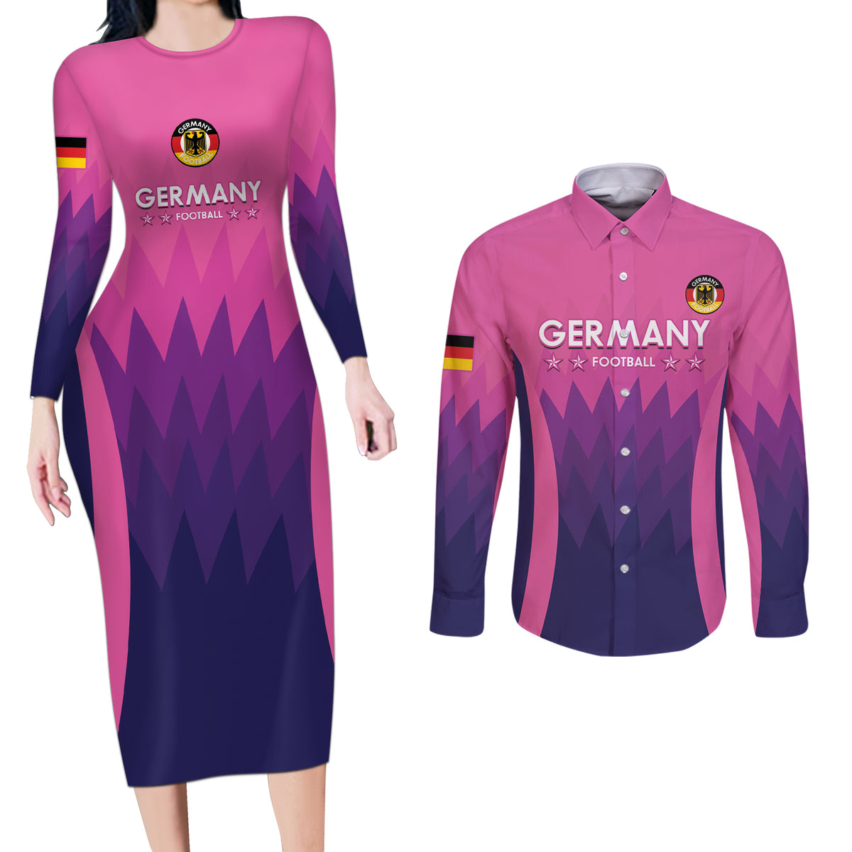 Custom Germany Football Couples Matching Long Sleeve Bodycon Dress and Long Sleeve Button Shirt 2024 Nationalelf - Pink Version - Wonder Print Shop