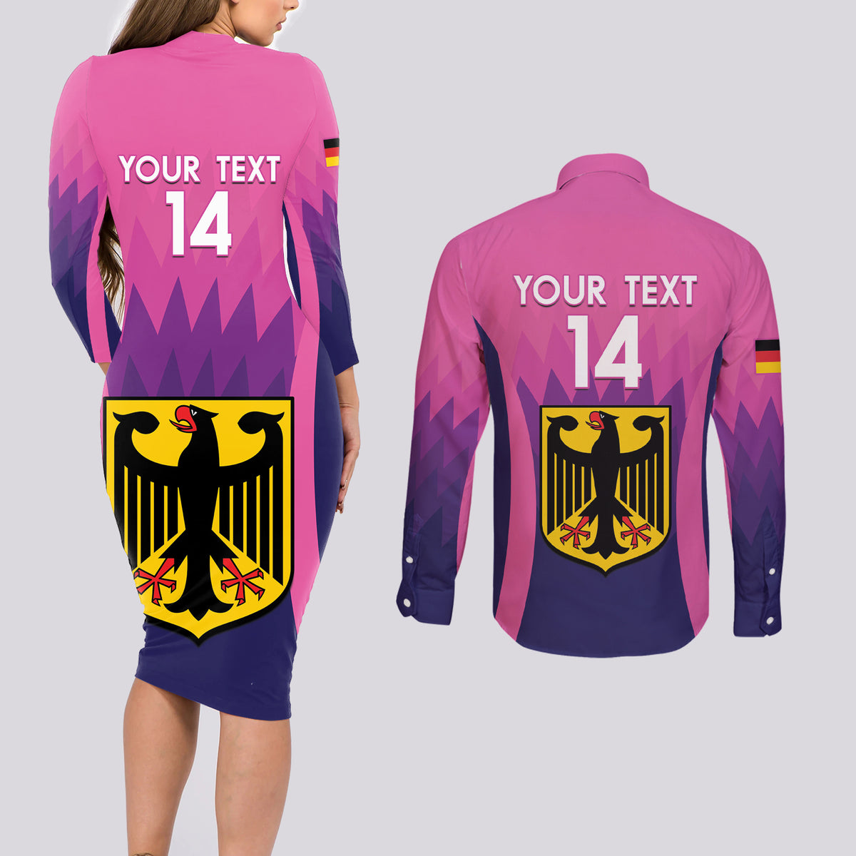 Custom Germany Football Couples Matching Long Sleeve Bodycon Dress and Long Sleeve Button Shirt 2024 Nationalelf - Pink Version - Wonder Print Shop
