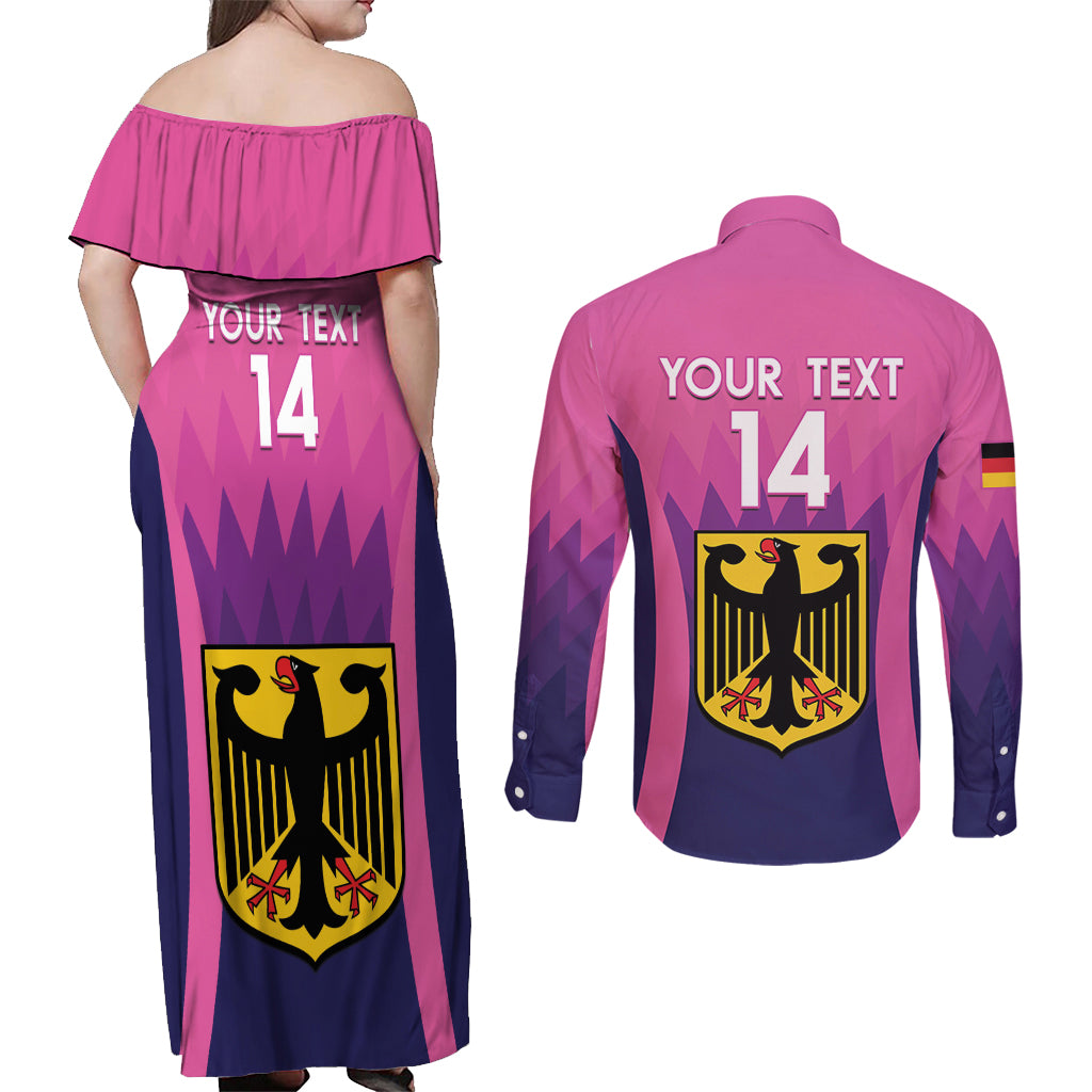 Custom Germany Football Couples Matching Off Shoulder Maxi Dress and Long Sleeve Button Shirt 2024 Nationalelf - Pink Version - Wonder Print Shop