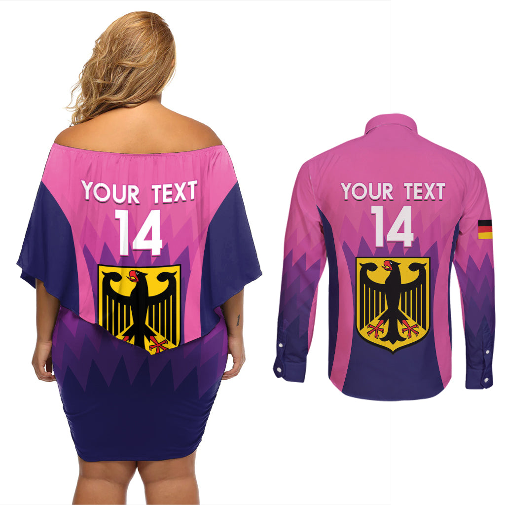 Custom Germany Football Couples Matching Off Shoulder Short Dress and Long Sleeve Button Shirt 2024 Nationalelf - Pink Version - Wonder Print Shop