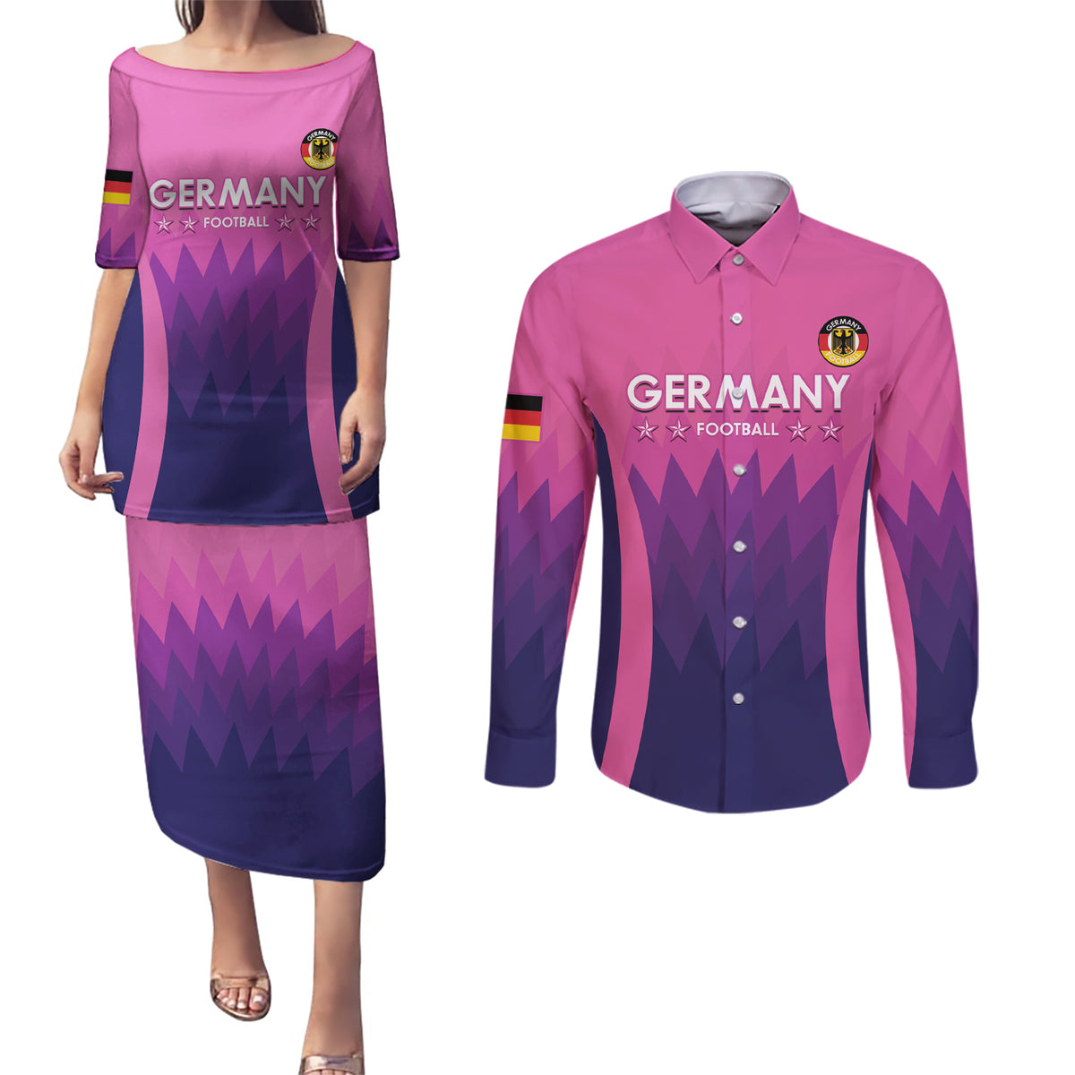 Custom Germany Football Couples Matching Puletasi and Long Sleeve Button Shirt 2024 Nationalelf - Pink Version - Wonder Print Shop