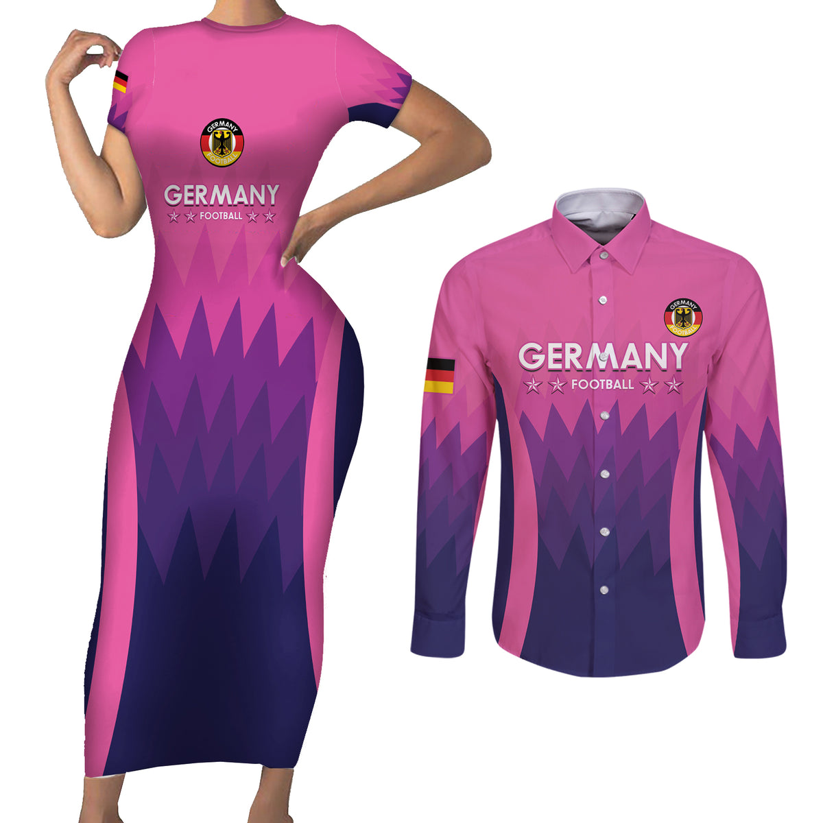 Custom Germany Football Couples Matching Short Sleeve Bodycon Dress and Long Sleeve Button Shirt 2024 Nationalelf - Pink Version - Wonder Print Shop