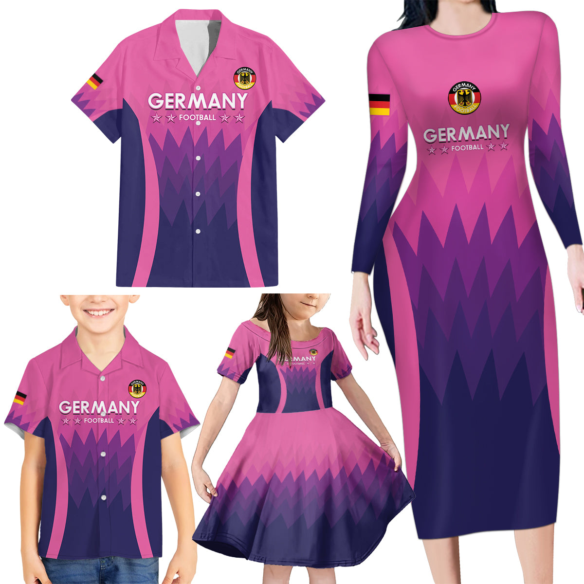 Custom Germany Football Family Matching Long Sleeve Bodycon Dress and Hawaiian Shirt 2024 Nationalelf - Pink Version - Wonder Print Shop