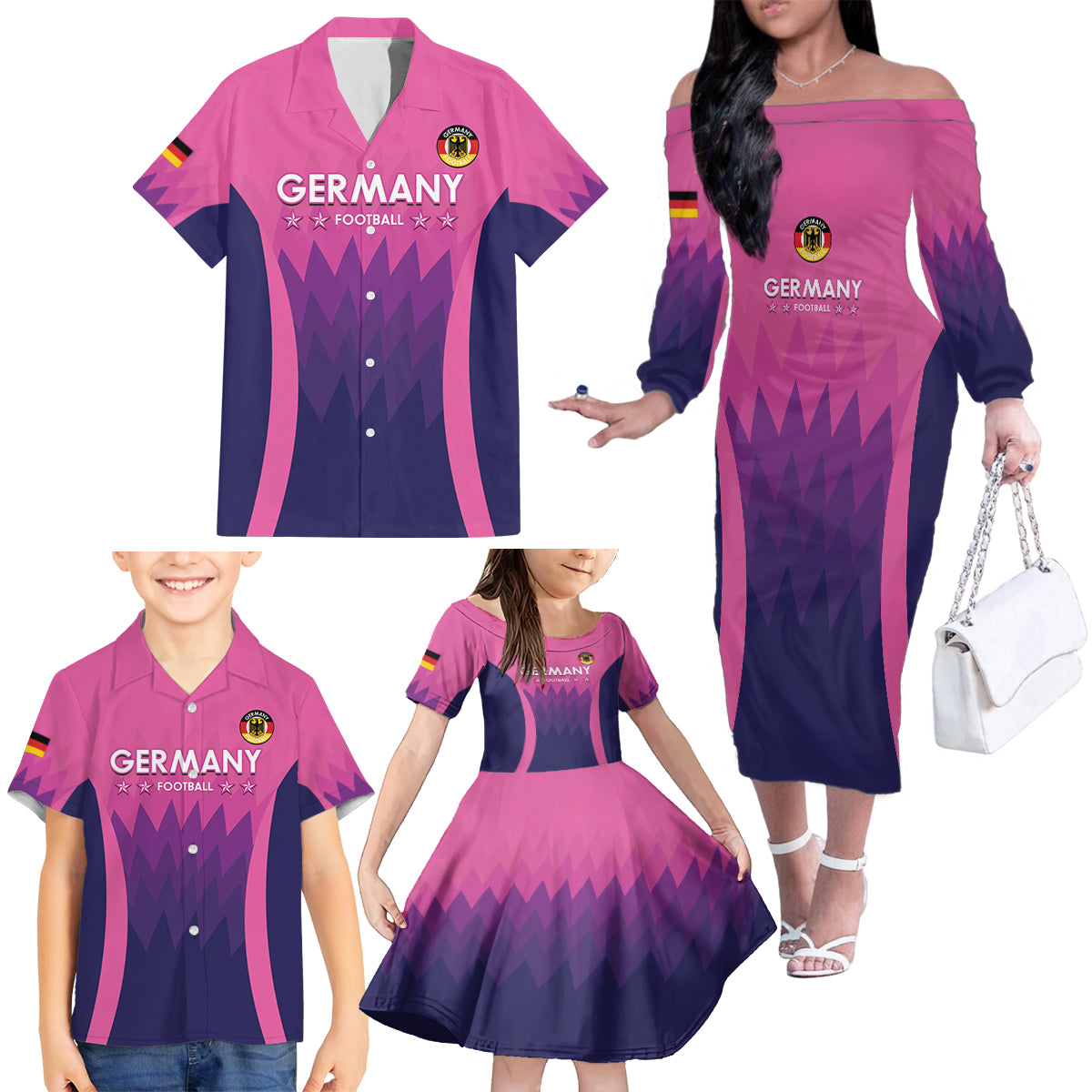 Custom Germany Football Family Matching Off The Shoulder Long Sleeve Dress and Hawaiian Shirt 2024 Nationalelf - Pink Version - Wonder Print Shop