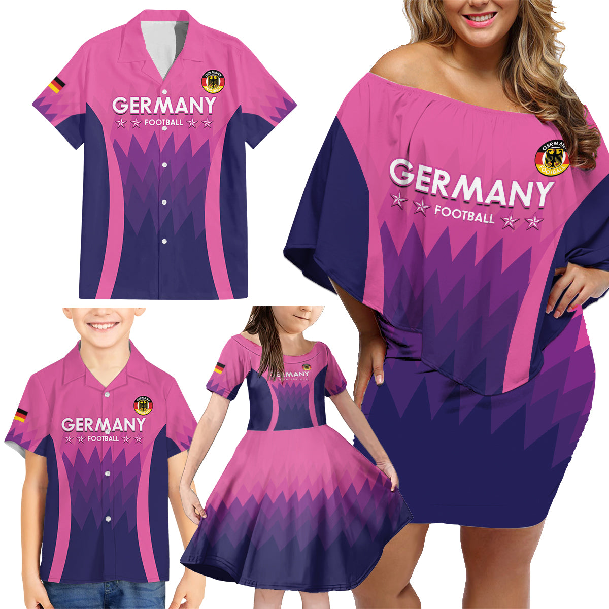 Custom Germany Football Family Matching Off Shoulder Short Dress and Hawaiian Shirt 2024 Nationalelf - Pink Version - Wonder Print Shop