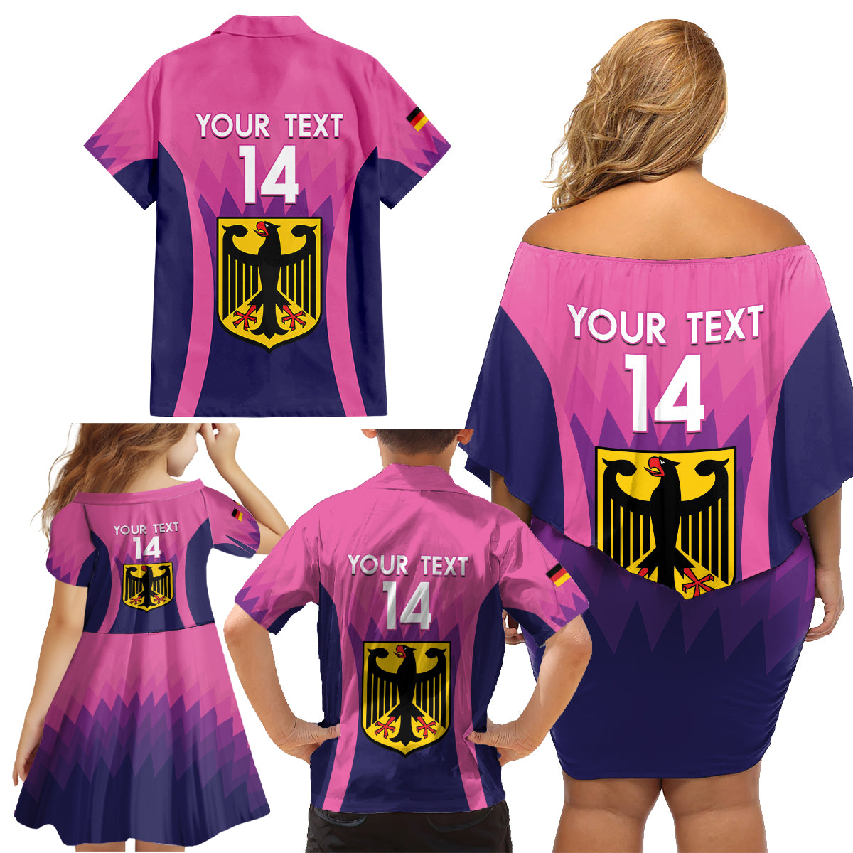 Custom Germany Football Family Matching Off Shoulder Short Dress and Hawaiian Shirt 2024 Nationalelf - Pink Version - Wonder Print Shop