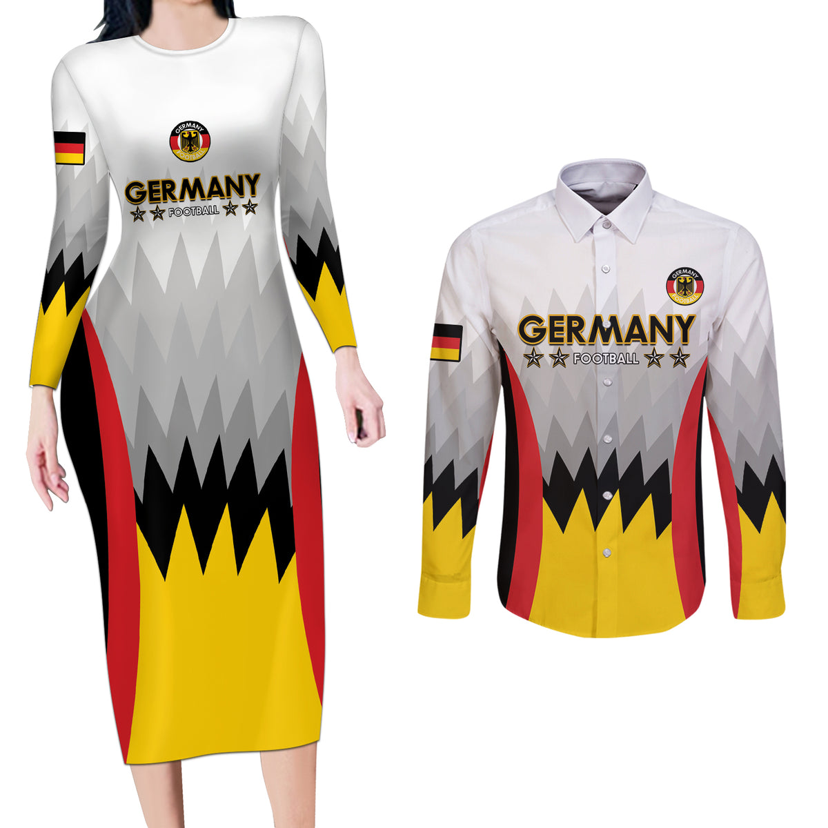 Custom Germany Football Couples Matching Long Sleeve Bodycon Dress and Long Sleeve Button Shirt 2024 Nationalelf - White Version - Wonder Print Shop