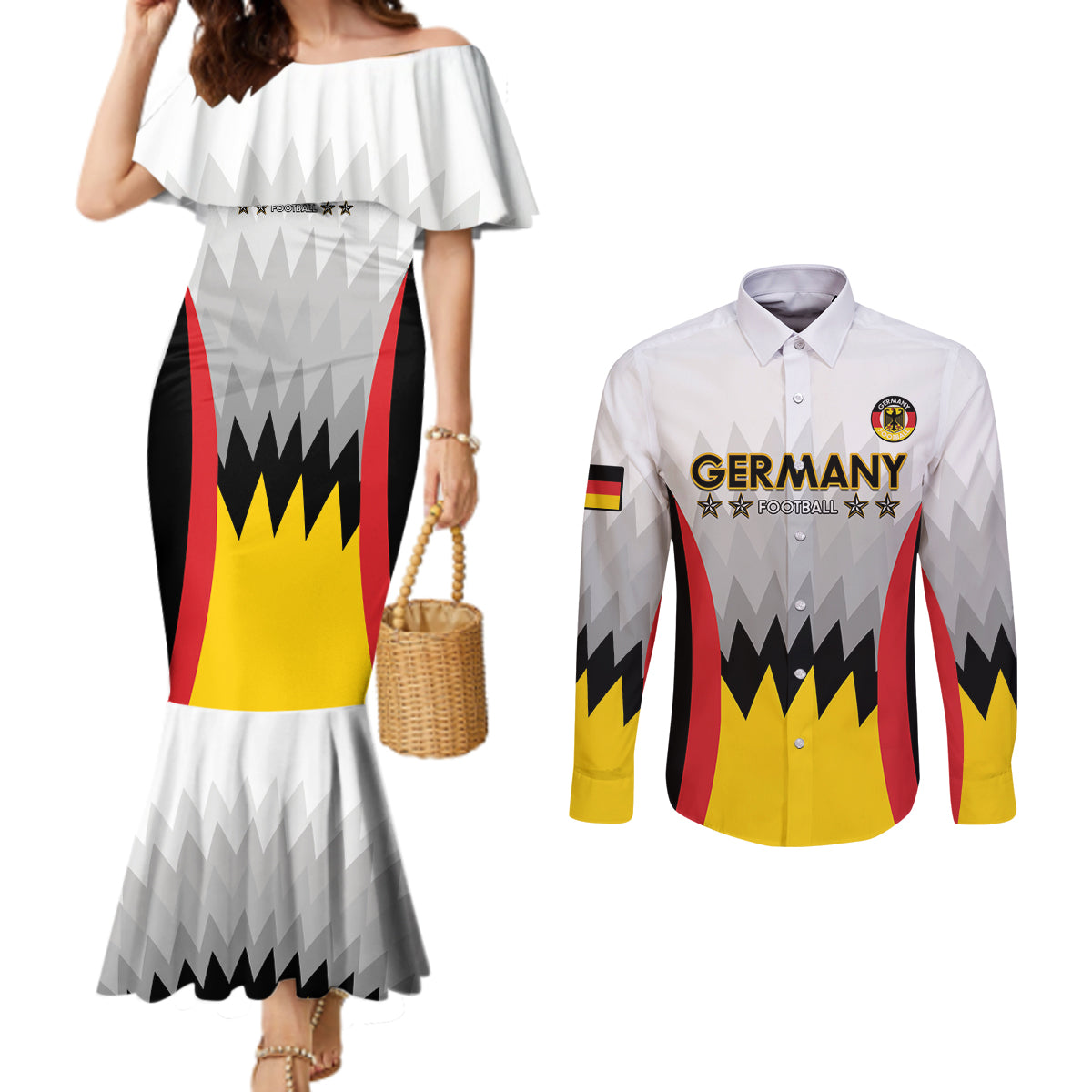 Custom Germany Football Couples Matching Mermaid Dress and Long Sleeve Button Shirt 2024 Nationalelf - White Version