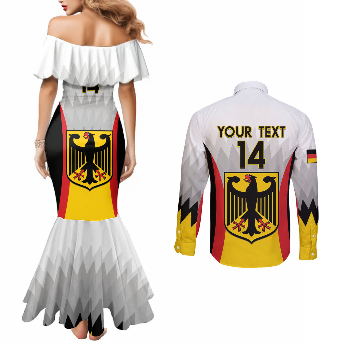 Custom Germany Football Couples Matching Mermaid Dress and Long Sleeve Button Shirt 2024 Nationalelf - White Version