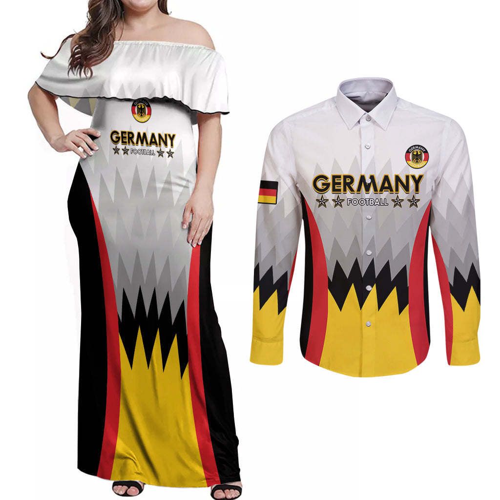 Custom Germany Football Couples Matching Off Shoulder Maxi Dress and Long Sleeve Button Shirt 2024 Nationalelf - White Version - Wonder Print Shop