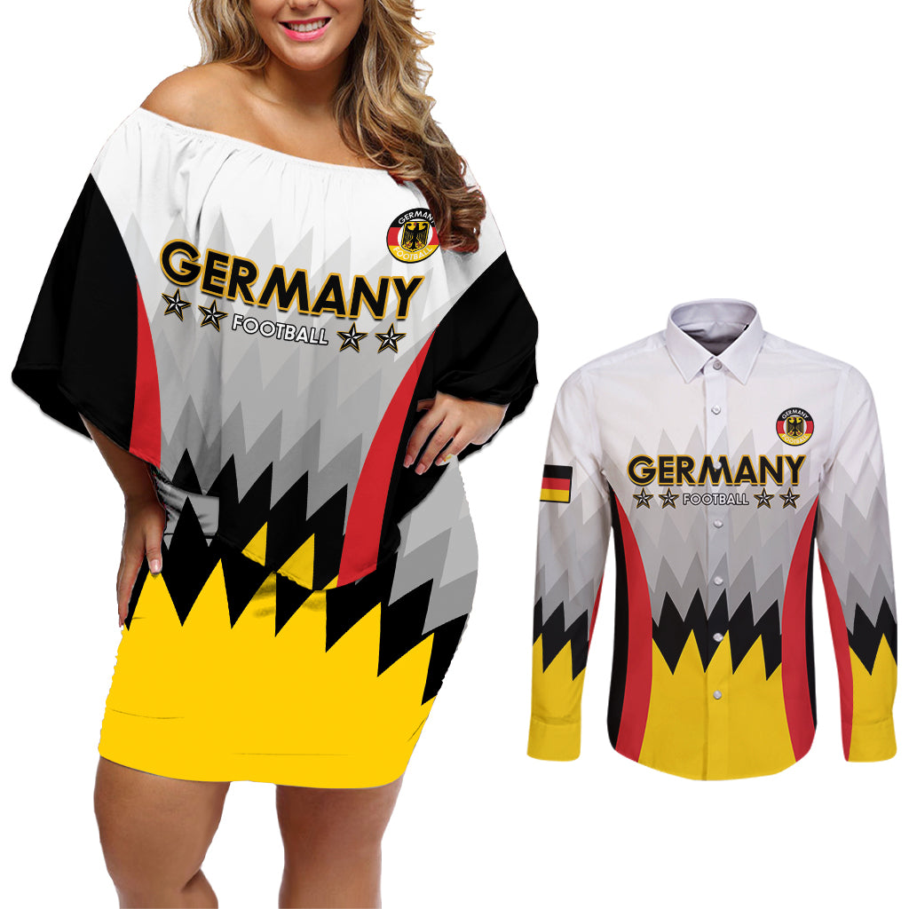 Custom Germany Football Couples Matching Off Shoulder Short Dress and Long Sleeve Button Shirt 2024 Nationalelf - White Version - Wonder Print Shop