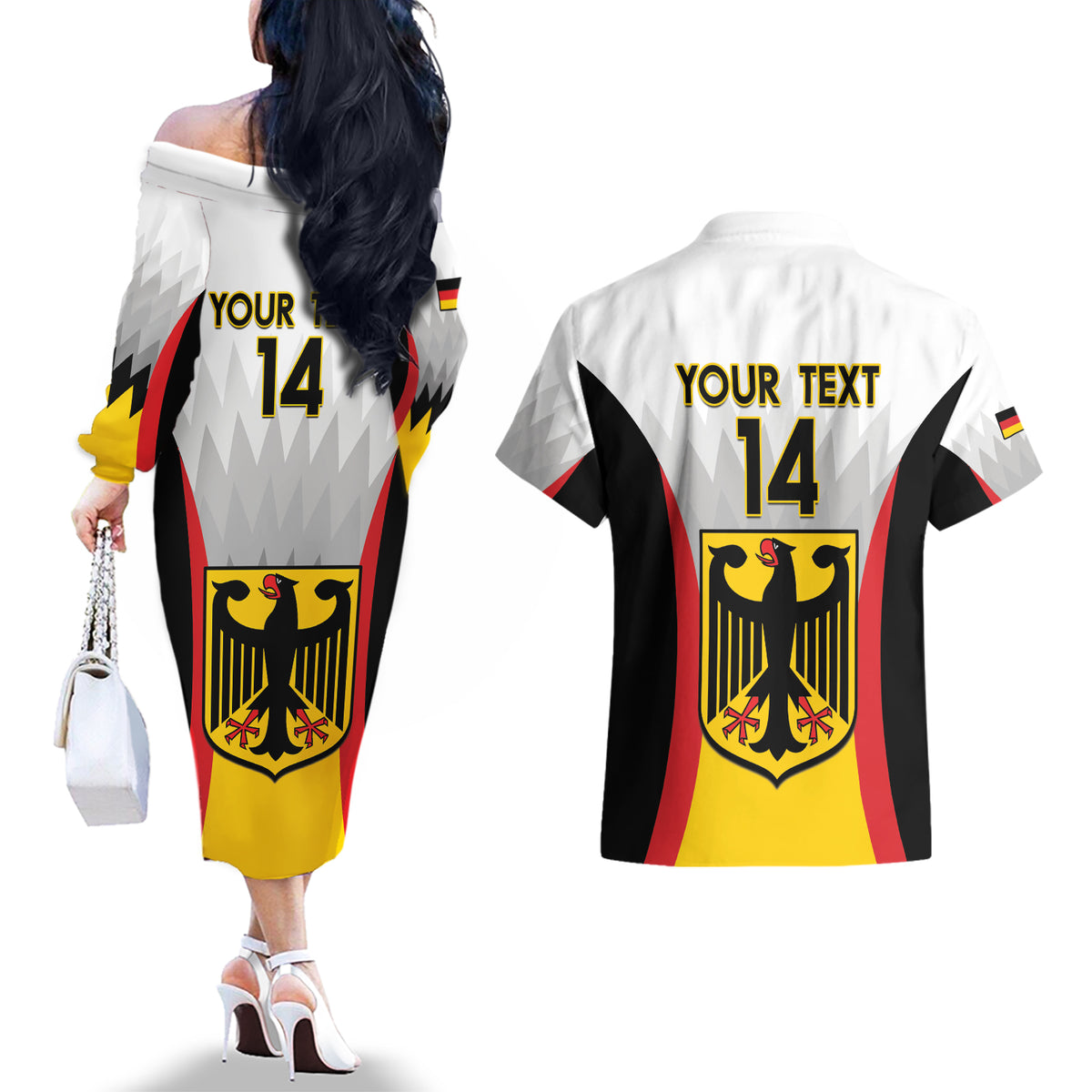Custom Germany Football Couples Matching Off The Shoulder Long Sleeve Dress and Hawaiian Shirt 2024 Nationalelf - White Version - Wonder Print Shop