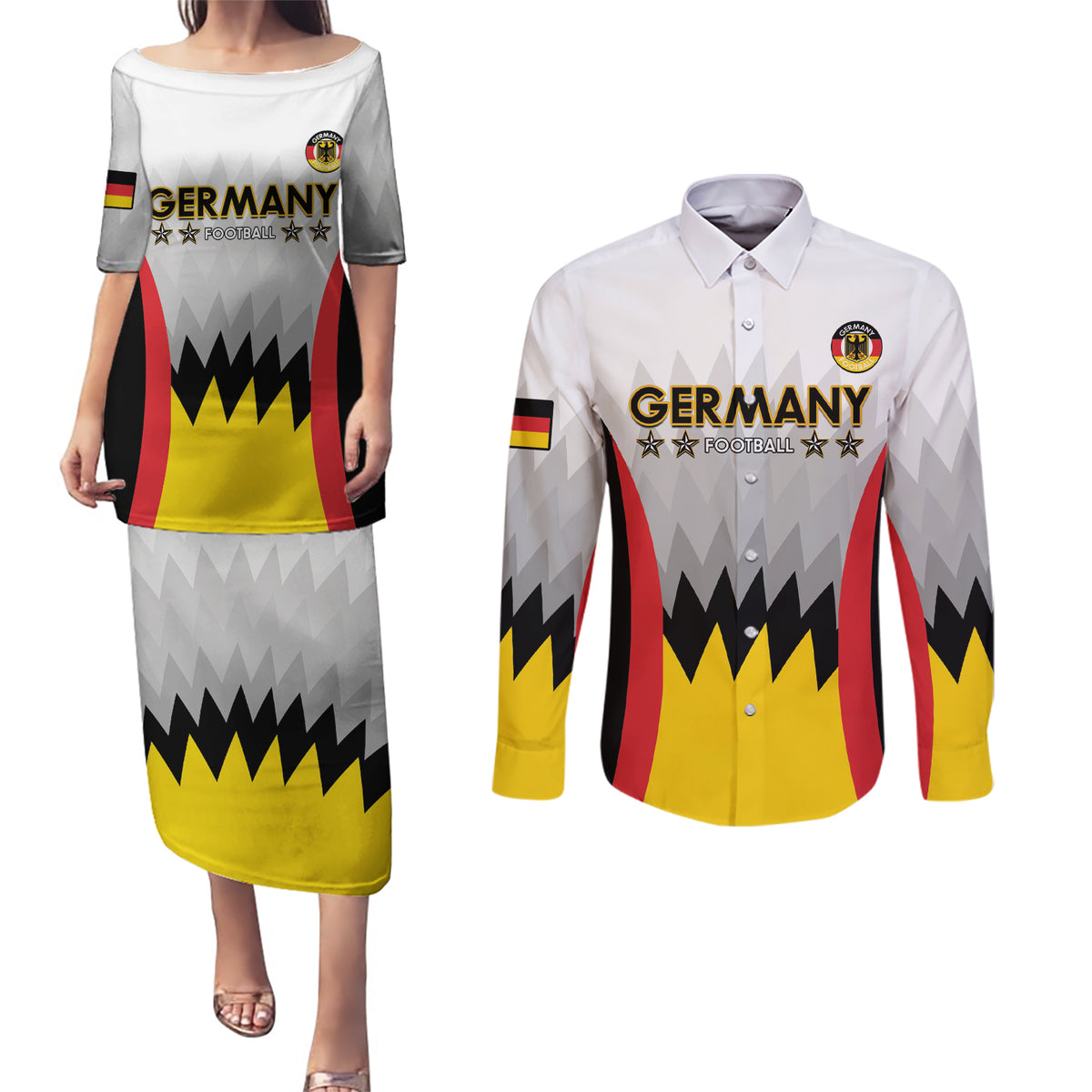 Custom Germany Football Couples Matching Puletasi and Long Sleeve Button Shirt 2024 Nationalelf - White Version - Wonder Print Shop
