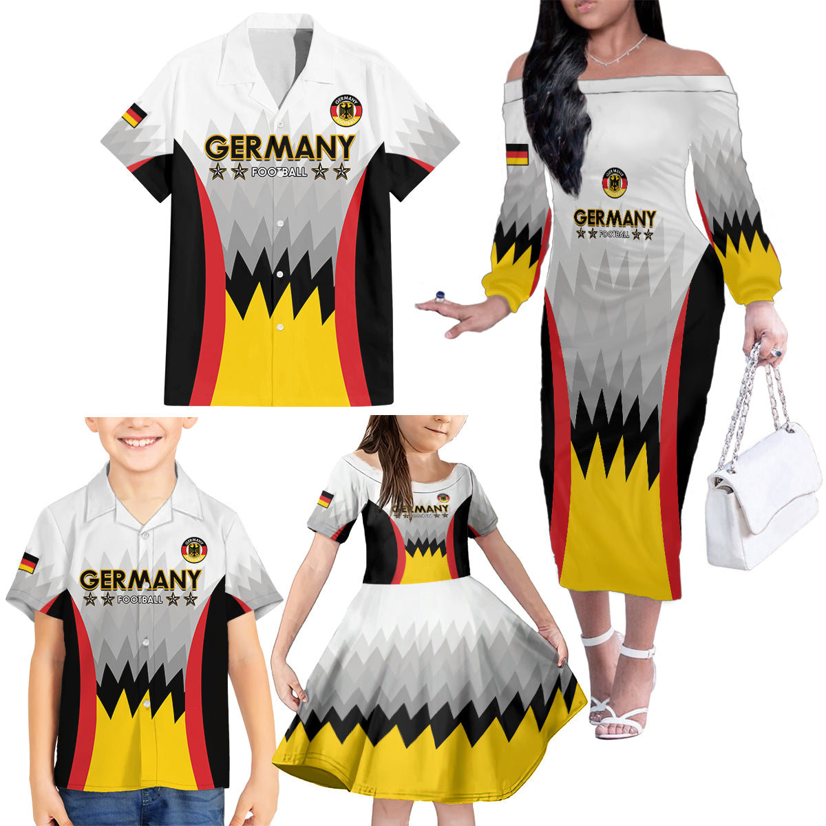 Custom Germany Football Family Matching Off The Shoulder Long Sleeve Dress and Hawaiian Shirt 2024 Nationalelf - White Version - Wonder Print Shop