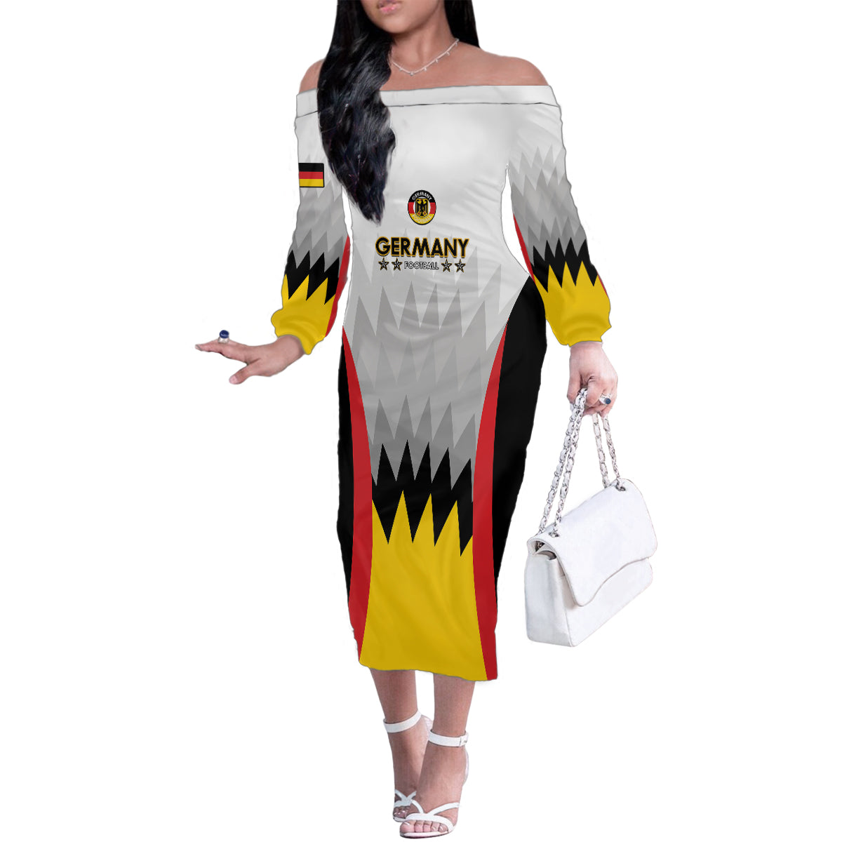 Custom Germany Football Family Matching Off The Shoulder Long Sleeve Dress and Hawaiian Shirt 2024 Nationalelf - White Version - Wonder Print Shop