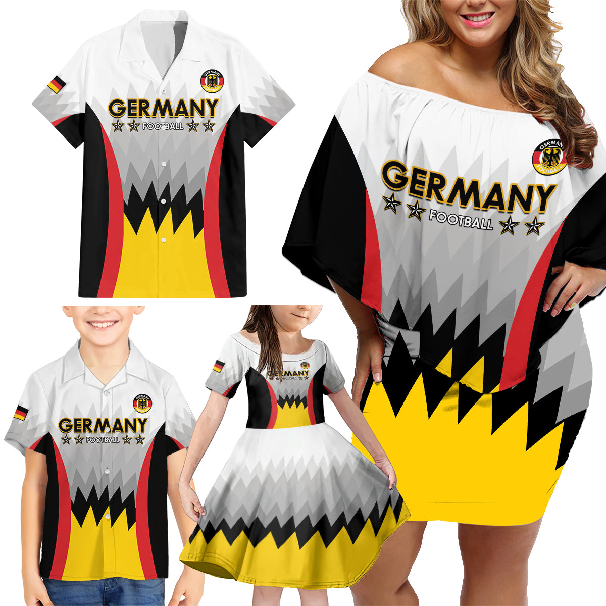 Custom Germany Football Family Matching Off Shoulder Short Dress and Hawaiian Shirt 2024 Nationalelf - White Version - Wonder Print Shop
