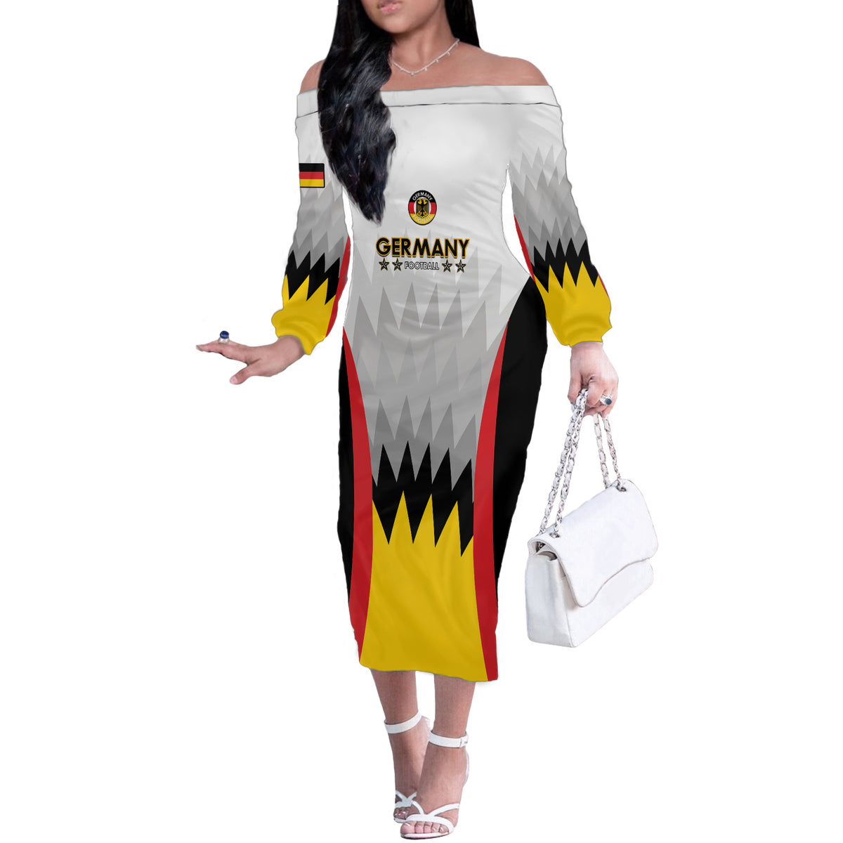 Custom Germany Football Off The Shoulder Long Sleeve Dress 2024 Nationalelf - White Version - Wonder Print Shop
