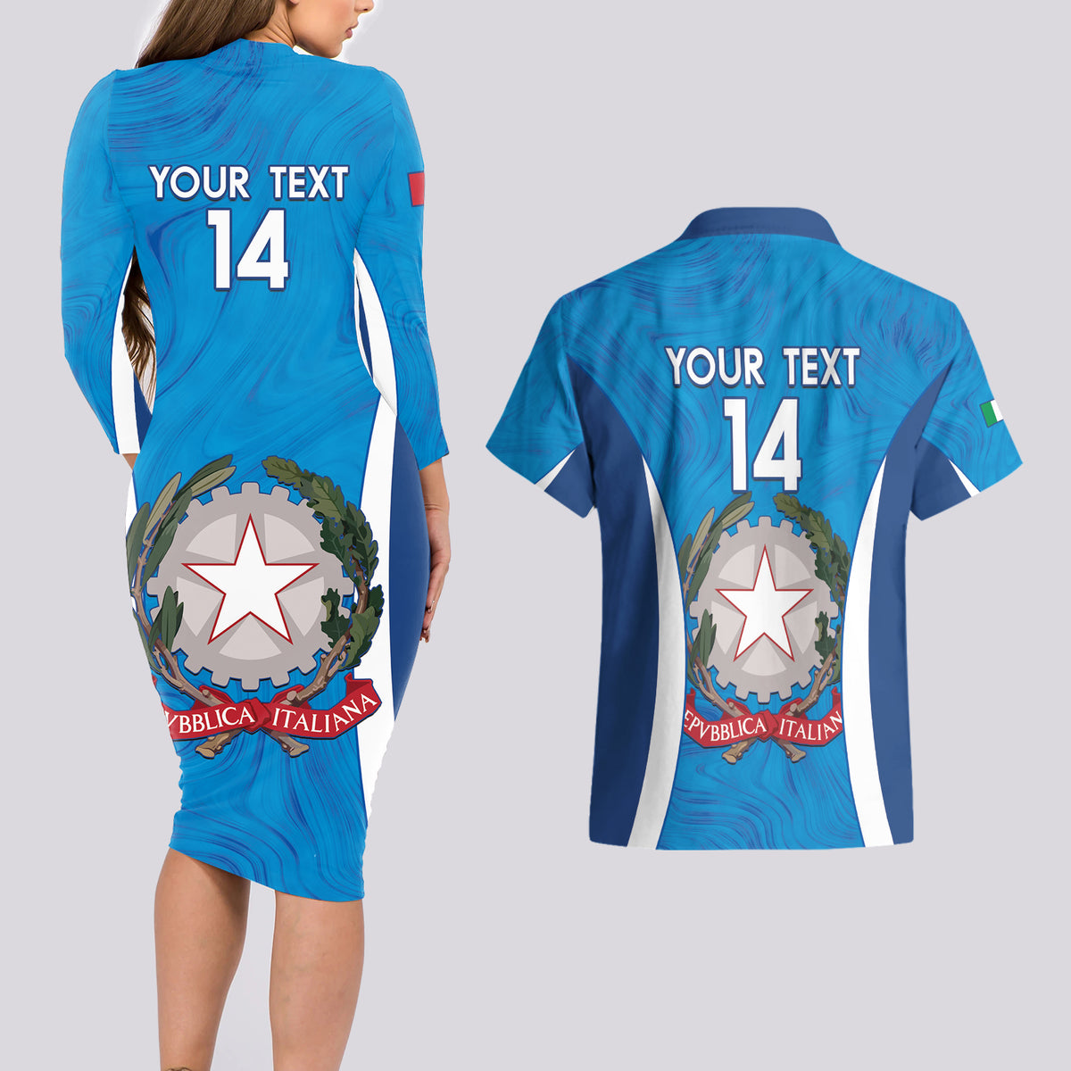 Custom Italy Football Couples Matching Long Sleeve Bodycon Dress and Hawaiian Shirt 2024 Gli Azzurri Marble Pattern - Wonder Print Shop
