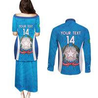 Custom Italy Football Couples Matching Puletasi and Long Sleeve Button Shirt 2024 Gli Azzurri Marble Pattern - Wonder Print Shop