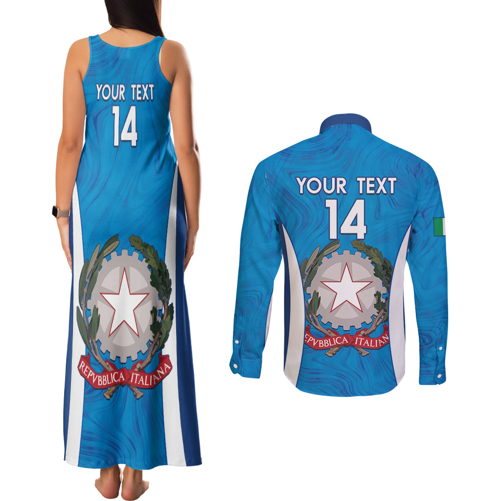 Custom Italy Football Couples Matching Tank Maxi Dress and Long Sleeve Button Shirt 2024 Gli Azzurri Marble Pattern - Wonder Print Shop
