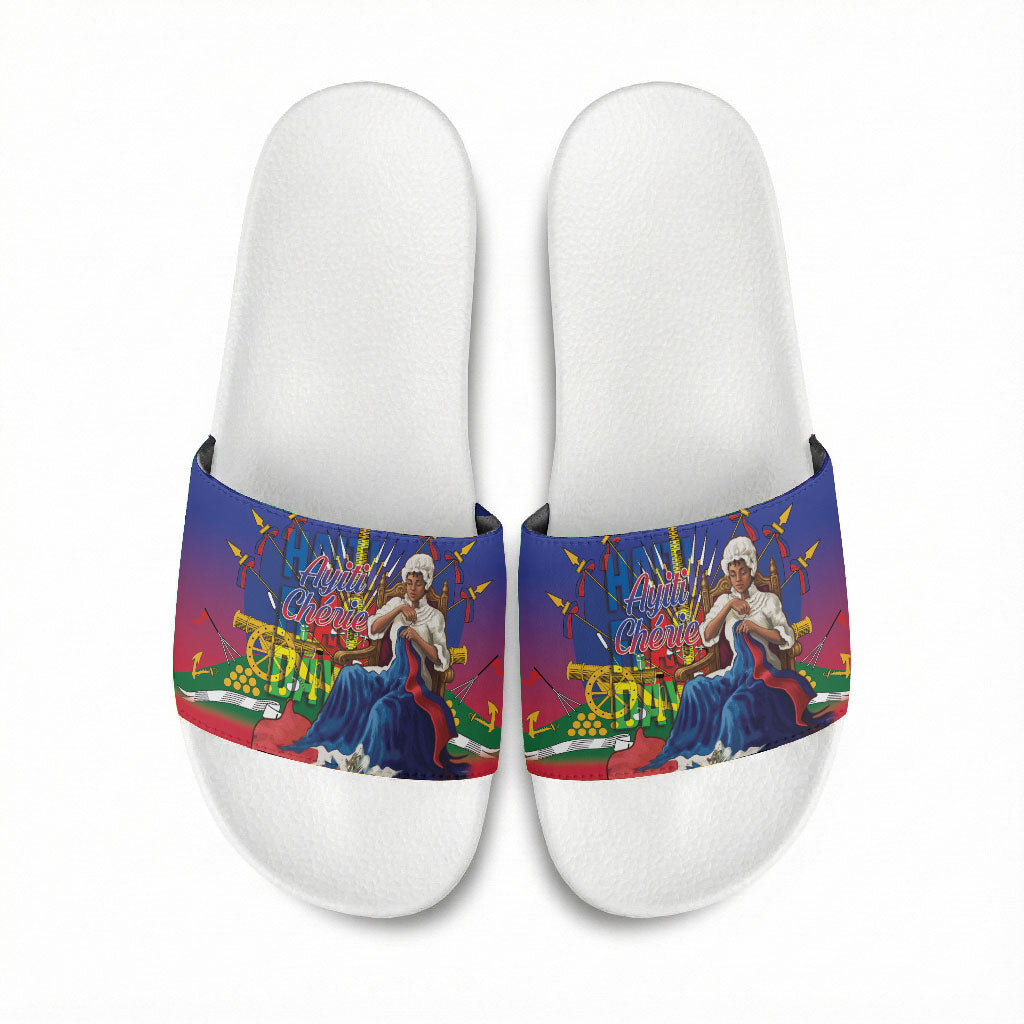 Catherine Flon Haiti Flag Day Slide Sandals Ayiti Cherie Coat Of Arms