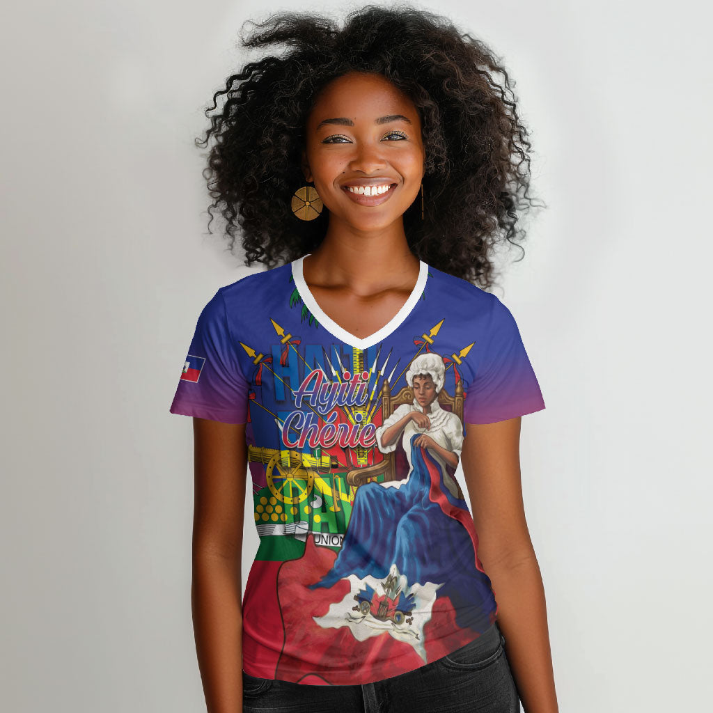 Catherine Flon Haiti Flag Day Women V-Neck T-Shirt Ayiti Cherie Coat Of Arms
